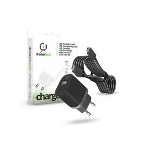 Dreamtech PD Charger Set USB-C+A 20W+QC3.0-s adapterrel és USB-C / USB-C kábellel FEKETE