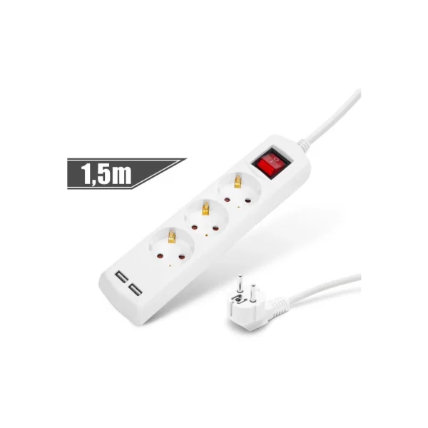 Delight 3-as elosztó kapcsolóval 1.5M + 2*USB-A aljzattal