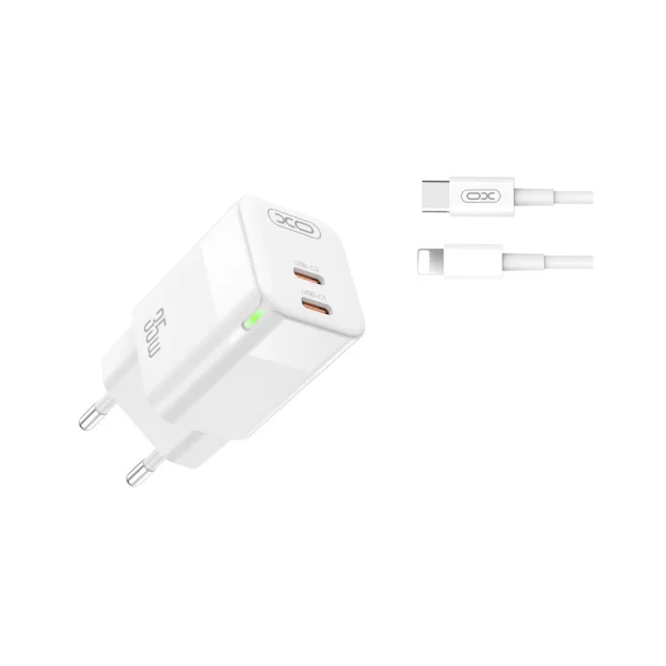 XO CE08 Fehér Hálózati Töltő szett PD35W 2*USB-C + USB-C/USB-C kábel a dobozban