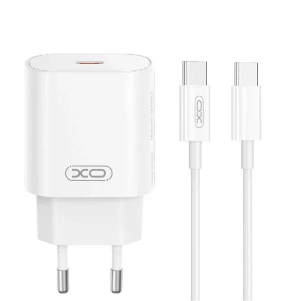 XO CE25 Fehér Hálózati Töltő szett PD25W 1*USB-C  + USB-C/USB-C kábellel