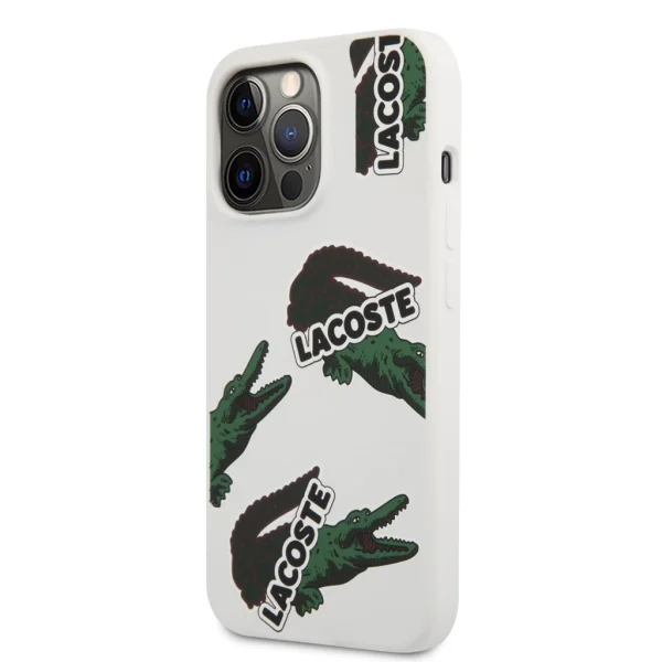 Lacoste Folyékony Szilikon Teljes Felületű Mintás Tok iPhone 13 Pro Max-hoz – Fehér