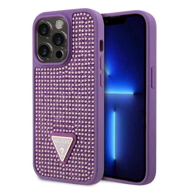 Guess strasszokkal díszített háromszög alakú fém logó tok az iPhone 15 Pro Purple számára