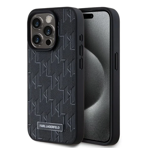 Karl Lagerfeld PU bőr Monogram Metal Logo MagSafe tok iPhone 15 Pro Max készülékhez fekete