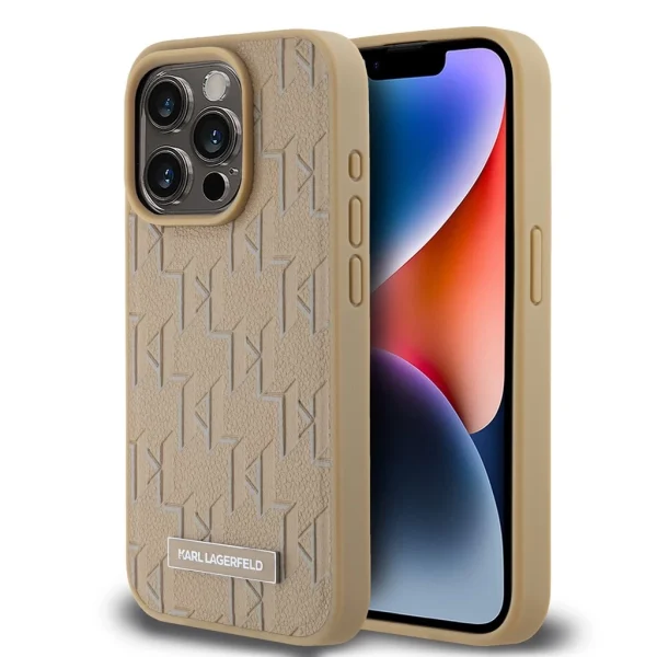 Karl Lagerfeld PU bőr Monogram Metal Logo MagSafe tok iPhone 15 Pro készülékhez bézs