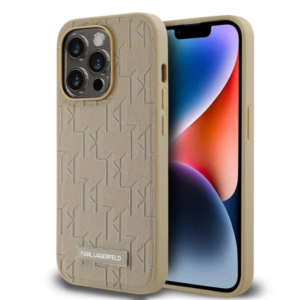 Karl Lagerfeld PU bőr Monogram Metal Logo MagSafe tok iPhone 15 Pro Max készülékhez bézs