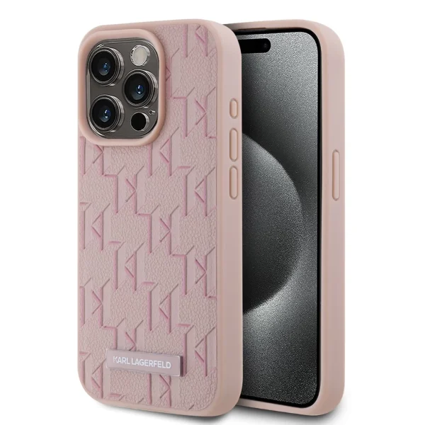 Karl Lagerfeld PU Leather Monogram Metal Logo MagSafe tok iPhone 15 Pro Max készülékhez rózsaszín