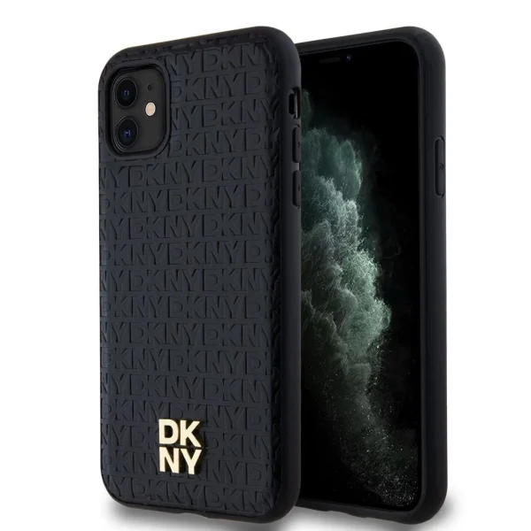 DKNY PU Leather Repeat Pattern Stack Logo MagSafe tok iPhone 11 készülékhez fekete