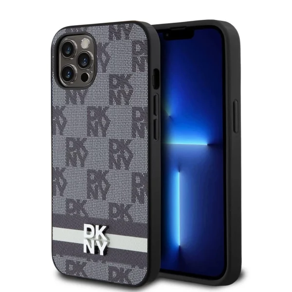DKNY PU Leather Checkered Pattern and Stripe tok iPhone 12/12 Pro készülékhez fekete