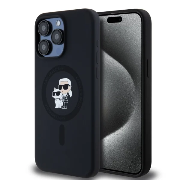 Karl Lagerfeld Folyékony Szilikon Tok – Karl and Choupette MagSafe tok iPhone 15 Pro Max-hoz – Fekete