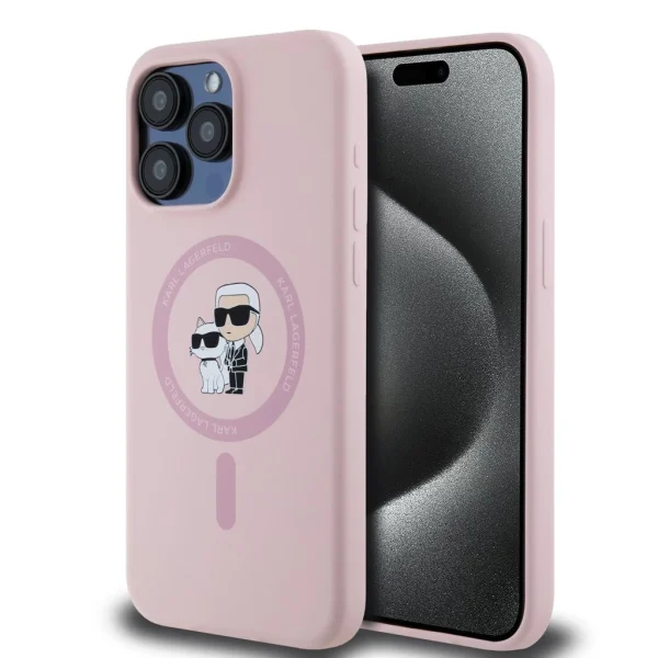 Karl Lagerfeld Folyékony Szilikon Karl és Choupette MagSafe Tok iPhone 15 Pro Max számára – Rózsaszín