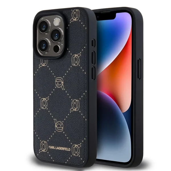 Karl Lagerfeld PU Karl Heads mintás MagSafe tok iPhone 15 Pro Max számára – Fekete