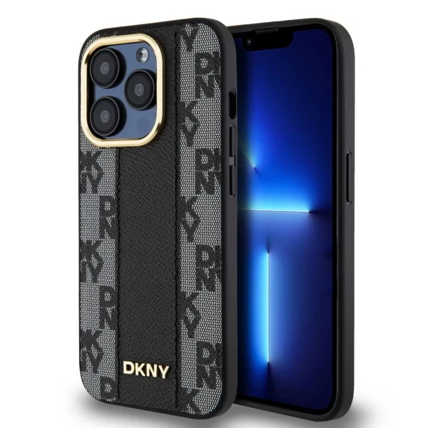 DKNY PU bőr sakkmintás Magsafe tok iPhone 15 Pro-hoz – fekete