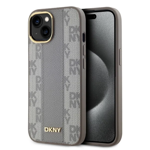 DKNY PU bőr sakkmintás Magsafe tok iPhone 15 – Bézs