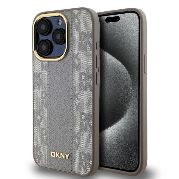 DKNY PU bőr sakkmintás Magsafe tok iPhone 15 Pro-hoz – Beige