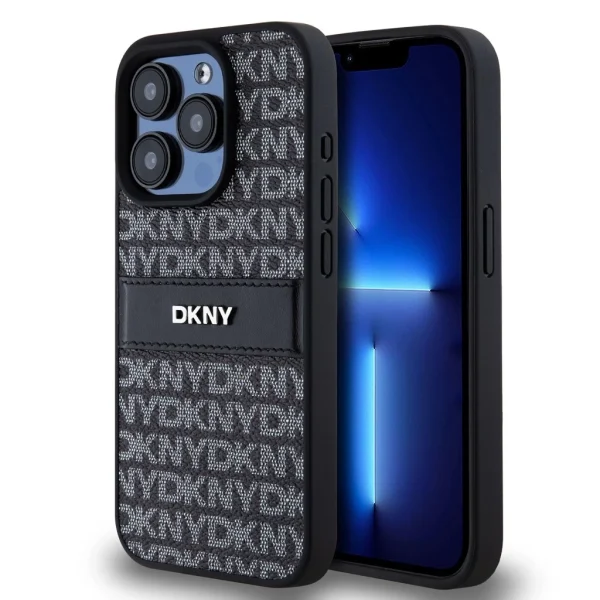DKNY PU bőr ismétlődő mintás tónusos csíkos tok iPhone 15 Pro-hoz, fekete
