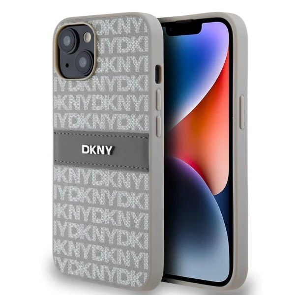 DKNY PU bőr ismétlődő mintás tonális csíkozott tok iPhone 14-hez – Bézs