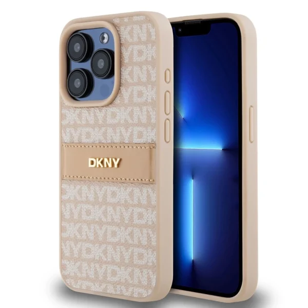 DKNY PU bőr ismétlődő mintás tonális csíkos tok iPhone 14 Pro-hoz – Pink