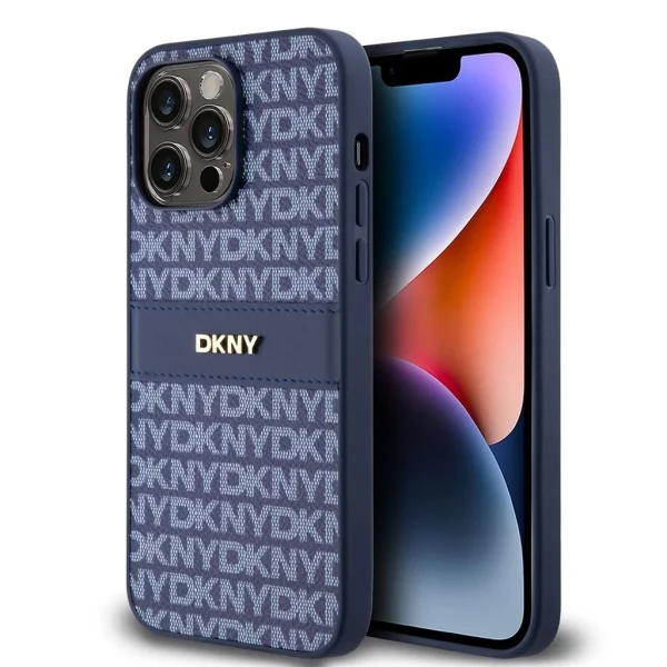 DKNY PU bőrhatású, ismétlődő mintás, tónusos csíkos tok az iPhone 14 Pro-hoz – Blue