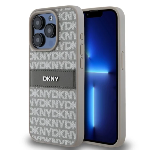 DKNY PU bőr ismétlődő mintás, tonális csíkos tok iPhone 14 Pro Max-hoz – bézs