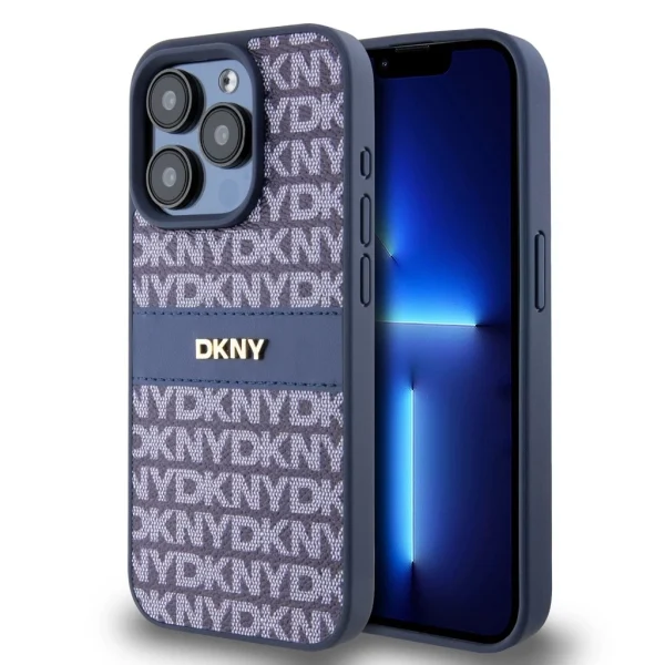 DKNY PU bőr ismétlődő mintás, tónusos csíkos tok iPhone 14 Pro Max számára – Kék