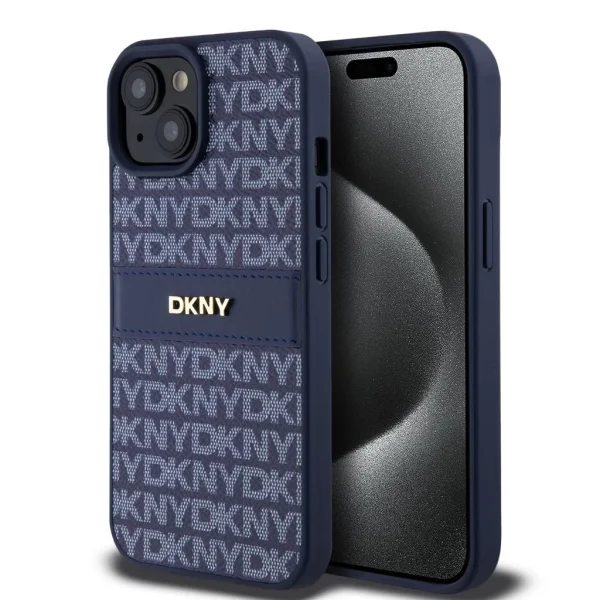 DKNY PU bőr ismétlődő minta tónusos csík tok iPhone 15-hez – kék