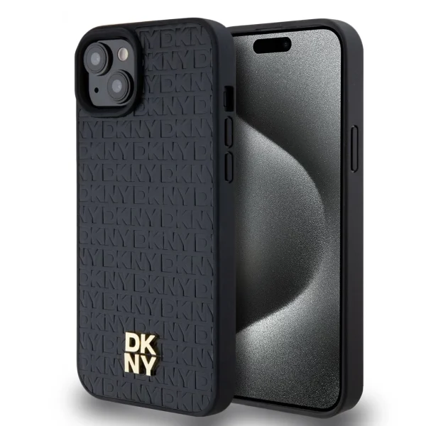 DKNY PU bőr ismétlődő mintázatú Stack logó MagSafe tok iPhone 13-hoz – fekete