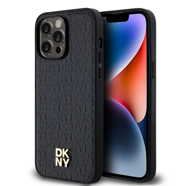 DKNY PU Bőr Ismétlődő Mintás Stack Logó MagSafe Tok iPhone 13 Pro Max-hoz – Fekete