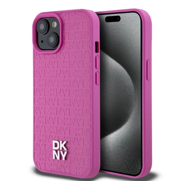 DKNY PU bőr ismétlődő minta Stack Logo MagSafe tok iPhone 15-hez, rózsaszín