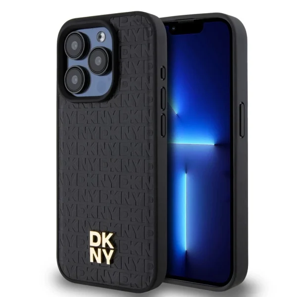 DKNY PU bőr ismétlődő mintás stack logós MagSafe tok iPhone 15 ro Max – fekete
