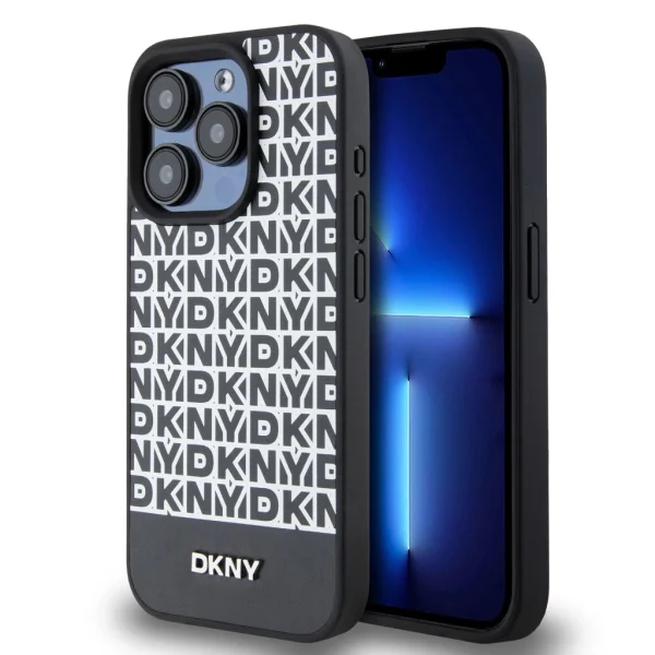 DKNY PU bőr ismétlődő mintás, alsó csíkos MagSafe tok iPhone 12/12 Pro számára – fekete