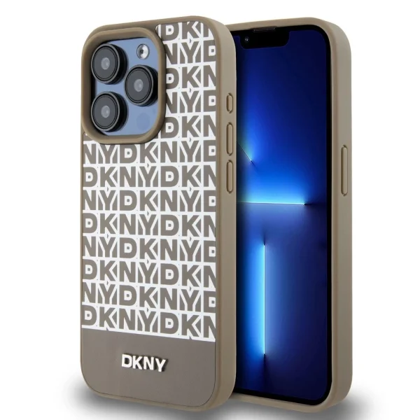 DKNY PU bőr ismétlődő mintával, alsó csíkkal – MagSafe tok iPhone 12/12 Pro számára, barna