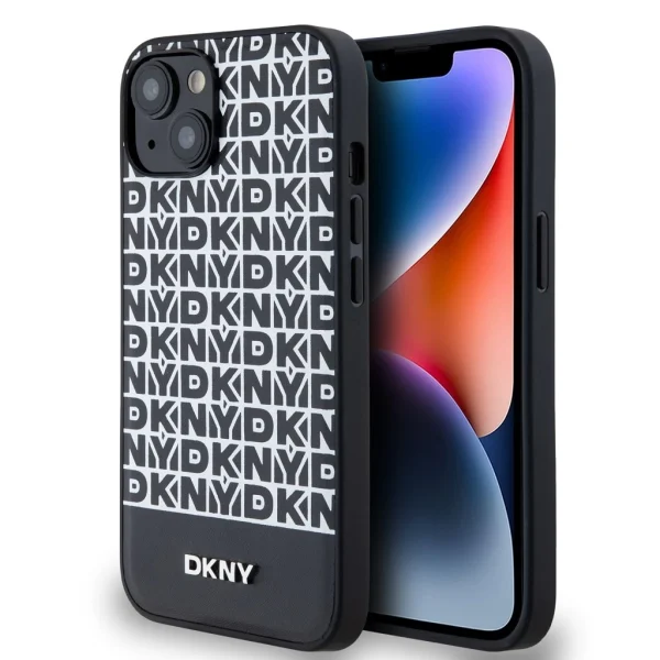 DKNY PU bőr ismétlődő mintás alsó csíkos MagSafe tok iPhone 13-hoz – Fekete