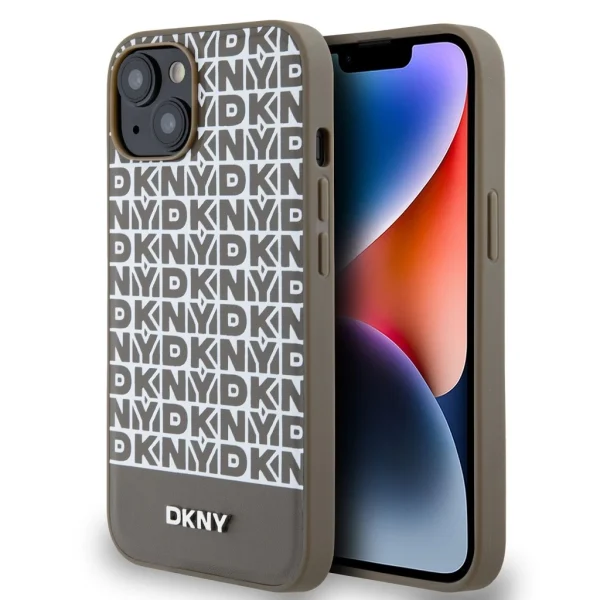 DKNY PU bőr ismétlődő mintás alsó csíkos MagSafe tok iPhone 15-hez – barna