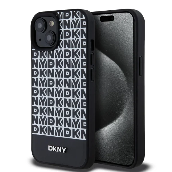 DKNY PU bőr ismétlődő mintás alsó csíkos MagSafe tok iPhone 15-hez – Fekete