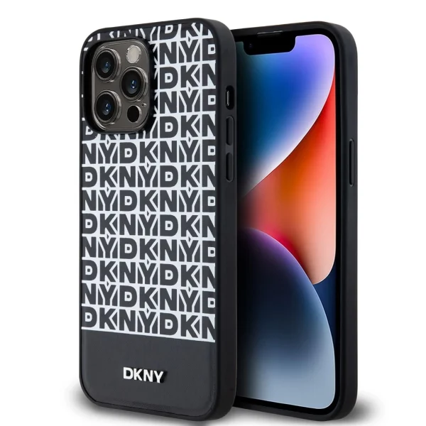 DKNY PU bőr ismétlődő mintával, alsó csíkkal – MagSafe tok iPhone 15 Pro Max-hoz, fekete