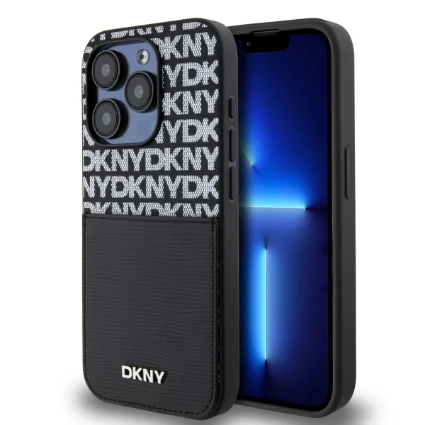 DKNY PU bőr ismétlődő mintás kártyás tok iPhone 14 Pro-hoz – Fekete
