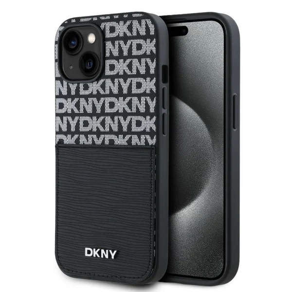 DKNY PU Leather Repeat Pattern kártyatartós tok iPhone 15 készülékhez fekete