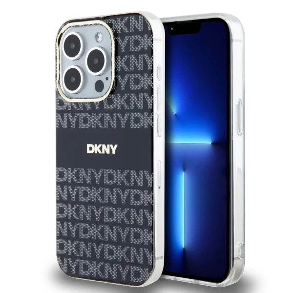 DKNY PC/TPU ismétlődő mintázatú, tónusos csíkos Magsafe tok iPhone 13 Pro-hoz – fekete