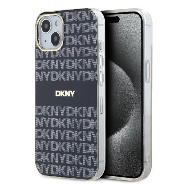 DKNY PC/TPU Ismétlődő Minta Tónusos Csíkos Magsafe Tok iPhone 15-hez – Fekete