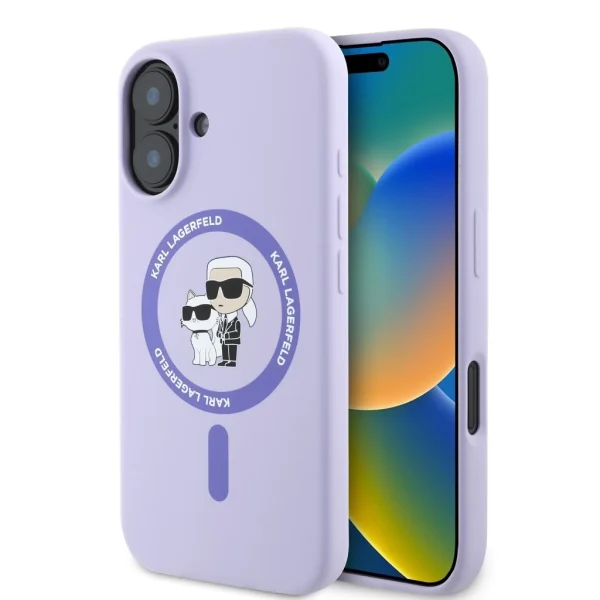 Karl Lagerfeld Liquid Silicone Karl and Choupette MagSafe tok iPhone 16 készülékhez lila
