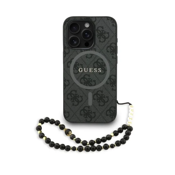 Guess PU bőr 4G színes gyűrűs pánt MagSafe tok az iPhone 15 Pro Max készülékhez fekete