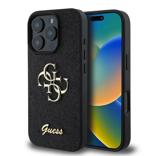 Guess PU Fixed Glitter 4G Metal Logo tok iPhone 16 Pro Max készülékhez fekete