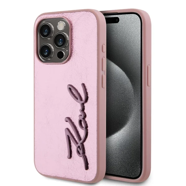Karl Lagerfeld Wrinkled PU Signature Logo tok iPhone 15 Pro Max készülékhez rózsaszín