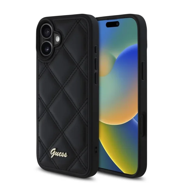 Guess PU Leather Quilted tok iPhone 16 Plus készülékhez fekete