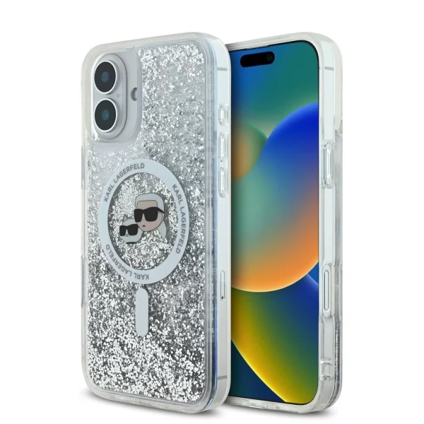 Karl Lagerfeld Liquid Glitter Karl and Choupette Heads MagSafe tok iPhone 16 készülékhez átlátszó