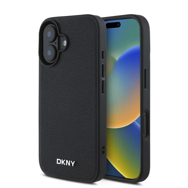 DKNY PU bőr ezüst fém logó Magsafe tok iPhone 16 készülékhez fekete