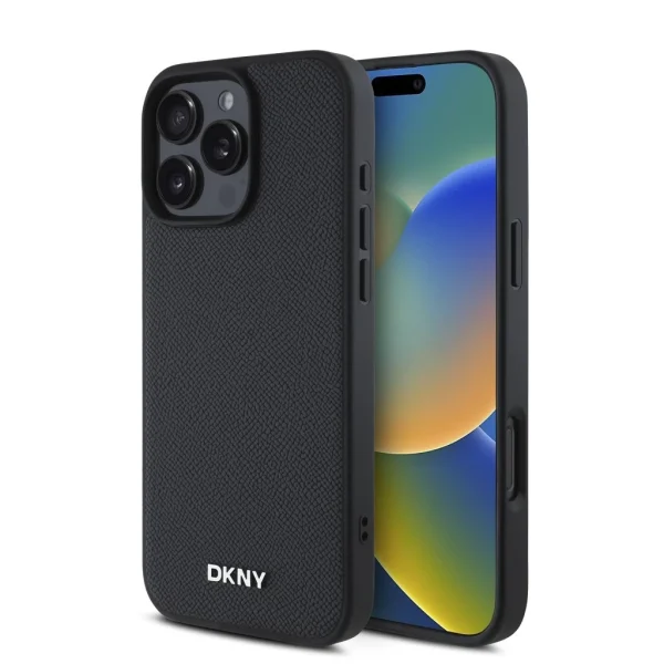 DKNY PU bőr Silver Metal Logo Magsafe tok iPhone 16 Pro készülékhez fekete