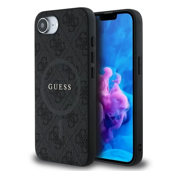 Guess PU bőr 4G Colored Ring MagSafe tok iPhone 16e készülékhez fekete