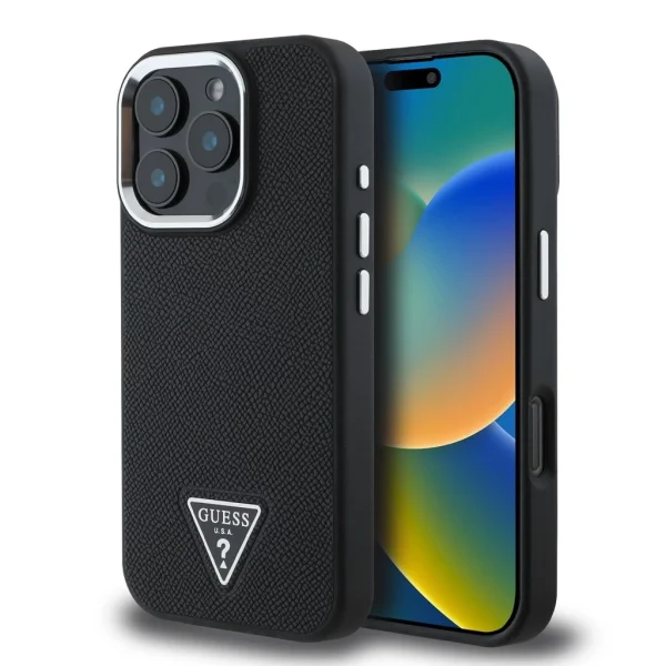 Guess PU Grained Triangle Logo tok iPhone 16 Pro Max készülékhez fekete