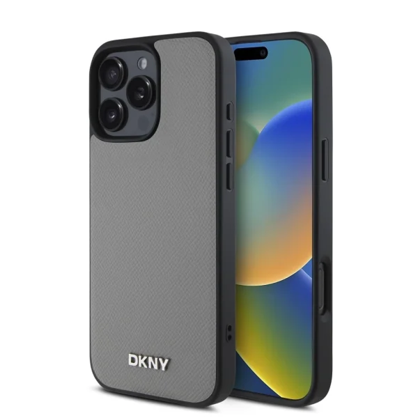DKNY PU bőr Silver Metal Logo Magsafe tok iPhone 16 Pro Max készülékhez szürke